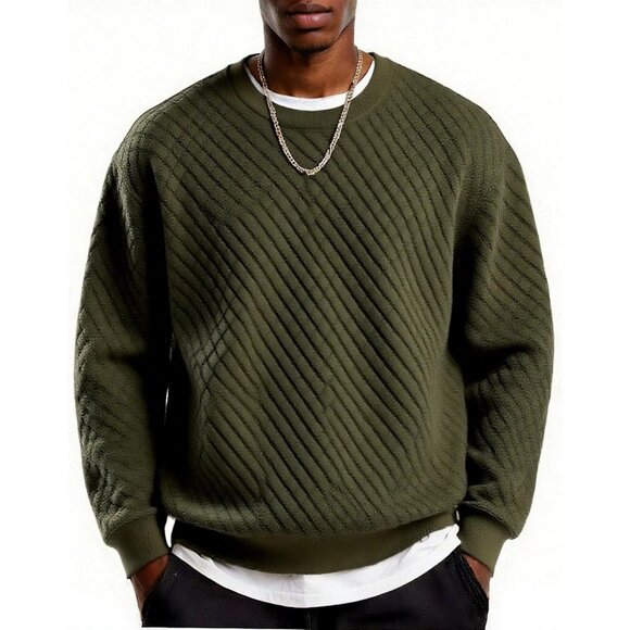Coofandy Men Army Green Crewneck Geometric Texture Long Sleeve Sweatshirt - Picture 1 of 5
